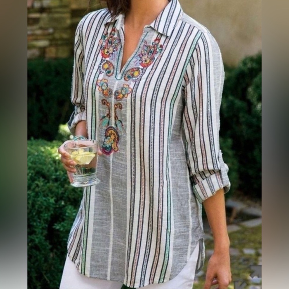 Soft Surroundings Brookhaven Aruba Striped Tunic Vibrant Embroidery Med Cotton